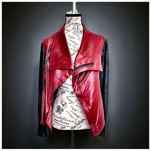 SW3 Asymmetric Draped Leather Jacket | Red & Black | Size Small